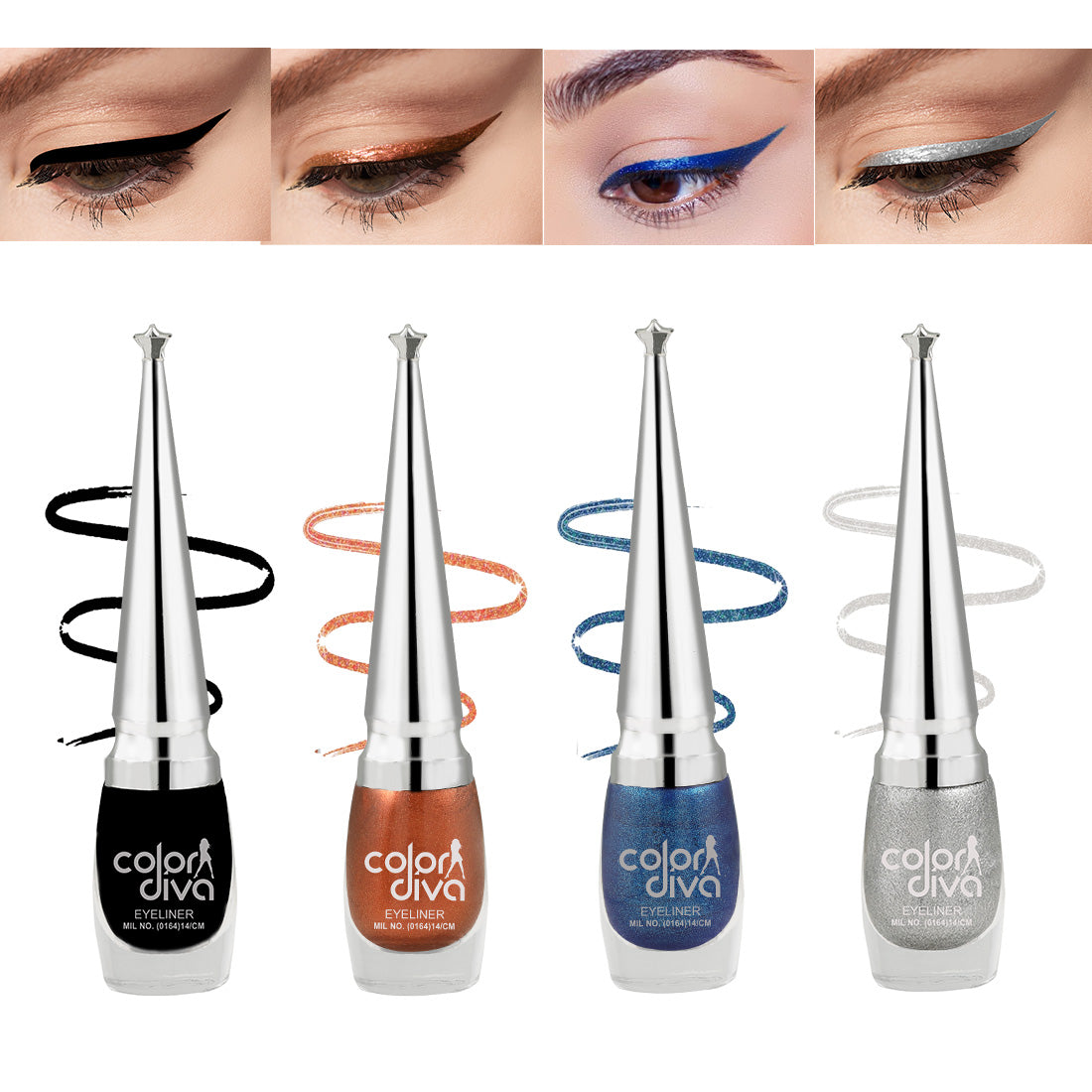 Color Diva Eye Liner | Water Resistant & Long-Lasting | Pack of 4 ( Black,Copper,Blue,Sliver )